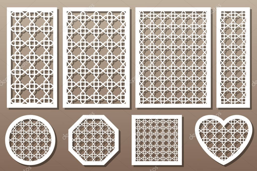 Set decorative elements for laser cutting. Geometric ornament pattern. Line template. The ratio 1:2, 2:3, 3:4, 1:3, round, octagon, square, heart.Vector illustration.