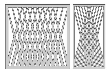 Kesme ayarlama şablonu. Kare satır köşegen desen. Lazer kesim. Oranı 1:1, 1:2. Vektör çizim.