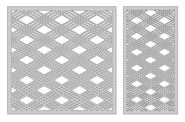 Kesme ayarlama şablonu. Kare satır köşegen desen. Lazer kesim. Oranı 1:1, 1:2. Vektör çizim.