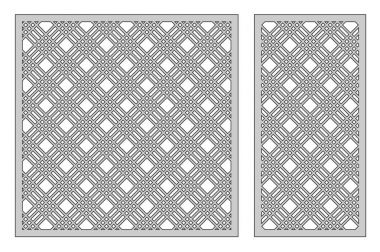 Kesme ayarlama şablonu. Çapraz geometrik çizgili desen. Lazer kesim. Oranı 1:1, 1:2. Vektör çizim.