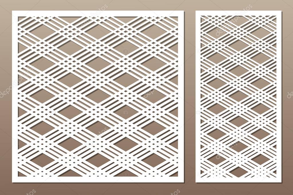 Set decorative card for cutting. Square line diagonal pattern. Laser cut. Ratio 1:1, 1:2. Vector illustration.