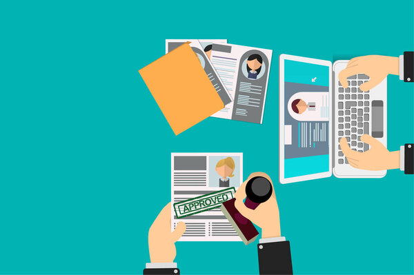 Office Recruiter Recruits Desk Resume Candidates for Vacancy. curriculum vitae approved for office worker. HR staff check document folder with computer