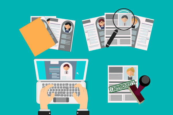 Кандидаты на вакансию для рекрутеров бюро. Резюме одобрено для офисного работника. обзор других кандидатов с помощью компьютера и папок и лупы
