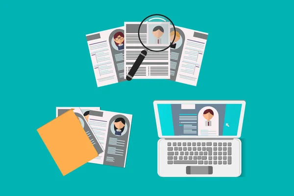 Office Recruiter Recruits Desk Resume Candidates for Vacancy. curriculum vitae approved for office worker. review of other candidates through computer and folders and magnifying glass composition — 스톡 벡터