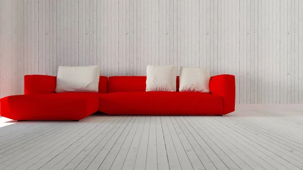 Wnętrze nowoczesne czerwonej kanapie w salonie i vintage drewniane ściany i tło-3d renderowania obrazu — Zdjęcie stockowe