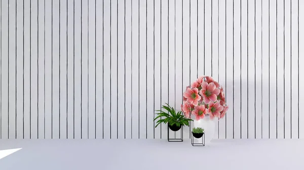 Masa dekor iç Beyaz ahşap duvar arka plan ve boşaltmak-3d render vazoda pembe çiçekler