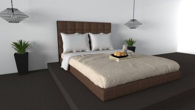 Modern ve çatı katı yatak odası iç-3d render