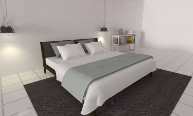 Modern ve çatı katı yatak odası iç-3d render