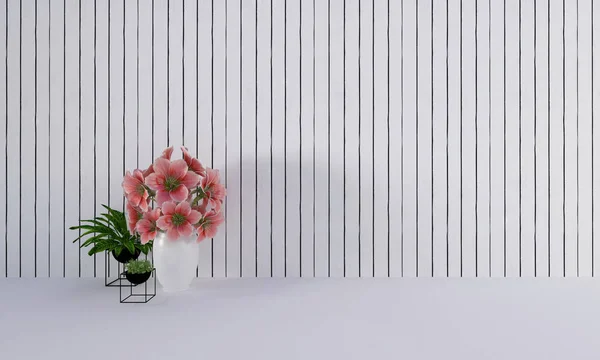 Masa dekor iç Beyaz ahşap duvar arka plan-3d render ile vazoda pembe çiçekler