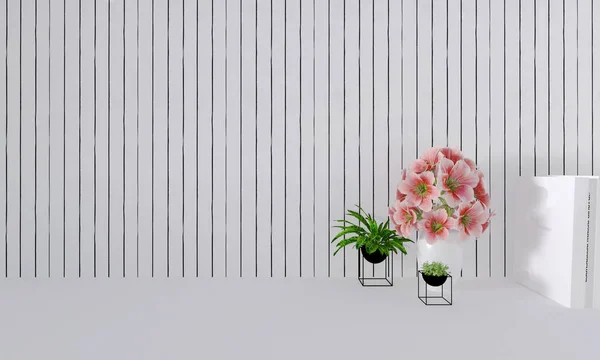 Masa dekor iç Beyaz ahşap duvar arka plan-3d render ile vazoda pembe çiçekler