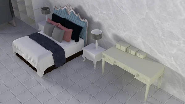 Modern és tetőtéri hálószoba interior 3d renderelés — Stock Fotó