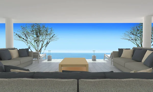 Deniz görünümü ve mavi gökyüzü arka plan-3d render üzerinde yaşayan Beach