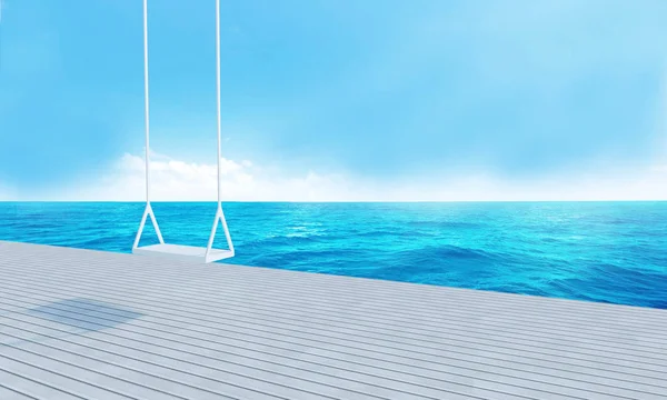 Wooden swing with beach lounge sea view and blue sky-3d renderin