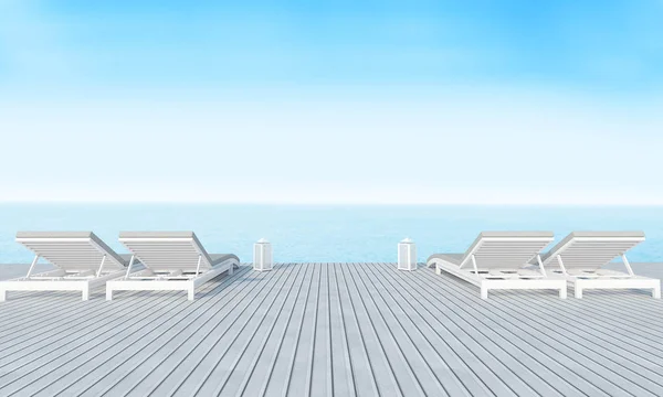 Deniz Manzaralı ve mavi gökyüzü arka plan-3d sundeck ile Beach lounge