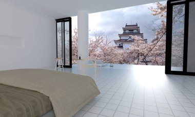 Japonya style yatak odası iç osaka Kalesi ve sakura çiçek ağaç-3d render ile