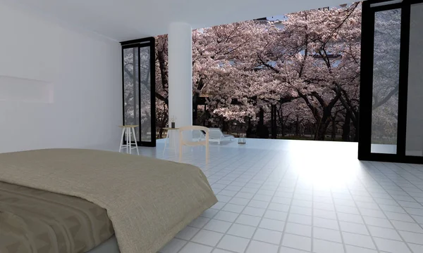 Japan style bedroom interior with sakura flower tree-3d rendering