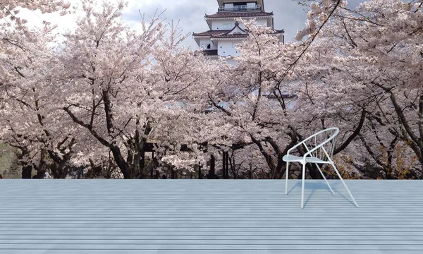 Ahşap zemin üzerinde ahşap sandalye ile çiçek ağaç arka plan-3d render tatil kış ve sakura için Teras
