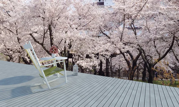 Ahşap zemin üzerinde ahşap sandalye ile çiçek ağaç arka plan-3d render tatil kış ve sakura için Teras