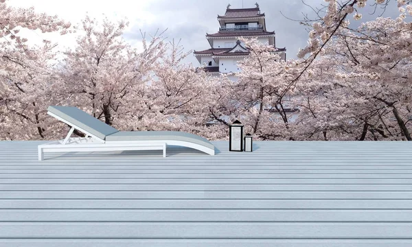 Ahşap zemin üzerinde ahşap sandalye ile çiçek ağaç arka plan-3d render tatil kış ve sakura için Teras