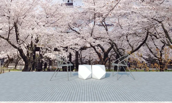 Ahşap zemin üzerinde ahşap sandalye ile çiçek ağaç arka plan-3d render tatil kış ve sakura için Teras