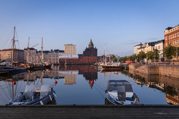 Early morning in Helsinki, Finland, ships and boats, embankment 