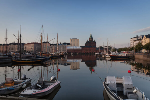 Early morning in Helsinki, Finland, ships and boats, embankment 