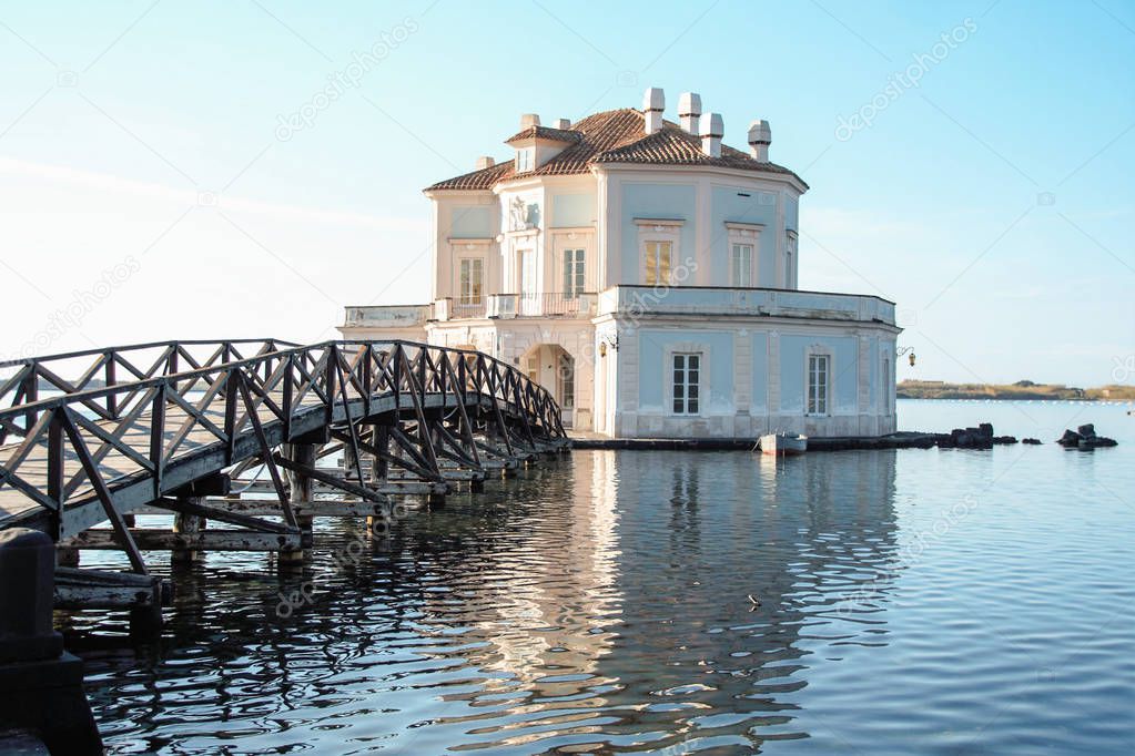 The elegant Casina Vanvitelliana on lake Fusaro, Pozzuoli, Naples, Italy 