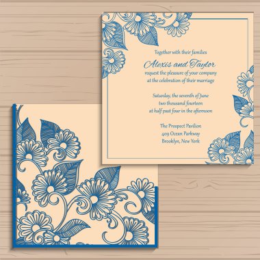 Lasercut vector wedding invitation template. Wedding invitation envelope with flowers for laser cutting. Lace gate folds.Laser cut vector. clipart