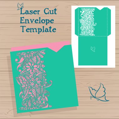 Lasercut vektör düğün davetiye şablon. Davetiye Zarfı lazer kesme çiçeklerle düğün. Dantel kapı pas geçiyor. Vektör lazer kesim.