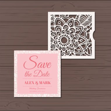 Lasercut vektör düğün davetiye şablon. Davetiye Zarfı lazer kesme çiçeklerle düğün. Dantel kapı pas geçiyor. Vektör lazer kesim.