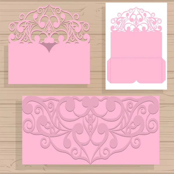 Modelo de convite de casamento vetorial Lasercut. Envelope de convite de casamento com flores para corte a laser. Portão de renda dobras. Vetor de corte a laser . — Vetor de Stock