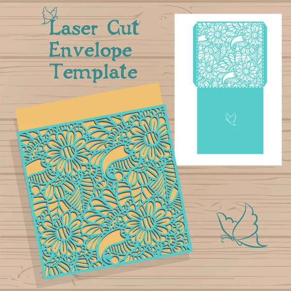 Modelo de convite de casamento vetorial Lasercut. Envelope de convite de casamento com flores para corte a laser. Portão de renda dobras. Vetor de corte a laser . —  Vetores de Stock