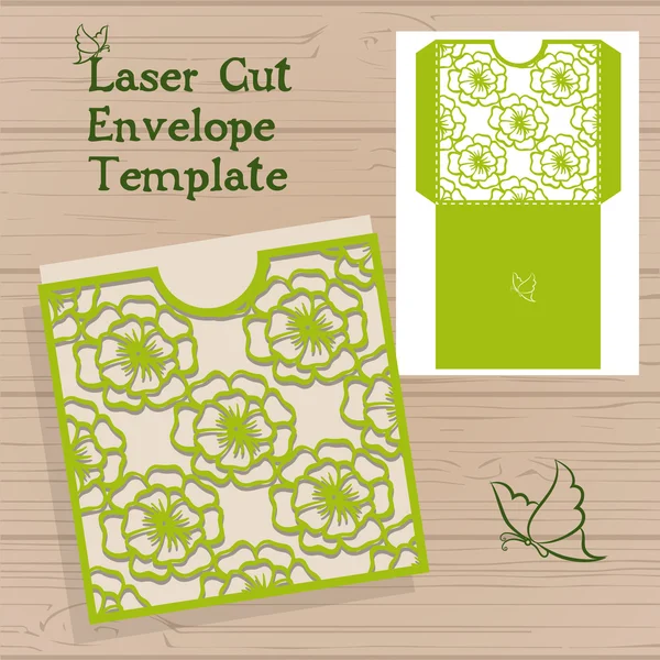 Lasercut vektor template undangan pernikahan. Amplop undangan pernikahan dengan bunga untuk pemotongan laser. Kunci gerbang folds.Laser potong vektor . - Stok Vektor