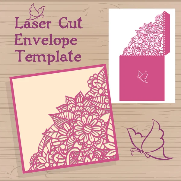 Modèle d'invitation de mariage vectoriel Lasercut. Enveloppe d'invitation de mariage avec des fleurs pour la découpe laser. Porte en dentelle pliés.Laser vecteur de coupe . — Image vectorielle