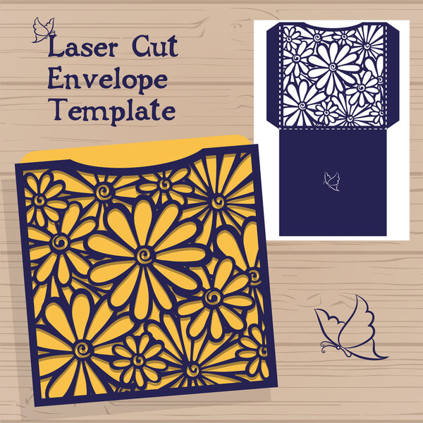 Lasercut vector wedding invitation template. Wedding invitation envelope with flowers for laser cutting. Lace gate folds.Laser cut vector.