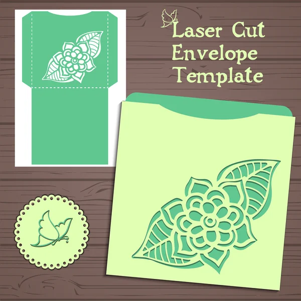 Modèle d'invitation de mariage vectoriel Lasercut. Enveloppe d'invitation de mariage avec des fleurs pour la découpe laser. Porte en dentelle pliés.Laser vecteur de coupe . — Image vectorielle