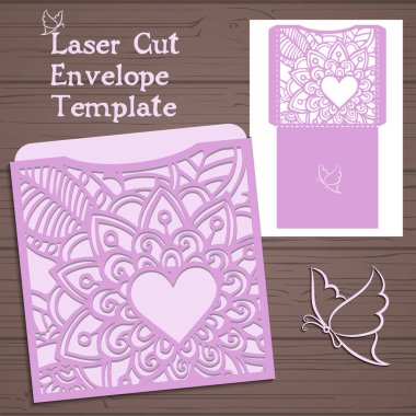 Lasercut vektör düğün davetiye şablon. Davetiye Zarfı lazer kesme çiçeklerle düğün. Dantel kapı pas geçiyor. Vektör lazer kesim