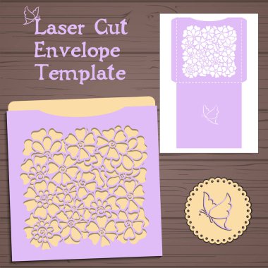 Lasercut vector wedding invitation template. Wedding invitation envelope with flowers for laser cutting. Lace gate folds.Laser cut vector clipart