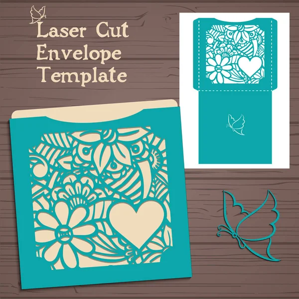 Lasercut vector bruiloft uitnodiging sjabloon. Bruiloft uitnodiging envelop met bloemen voor lasersnijden. Lace gate plooien. Lasergesneden vector — Stockvector