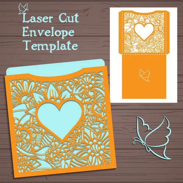 Modelo de convite de casamento vetorial Lasercut. Envelope de convite de casamento com flores para corte a laser. Portão de renda dobras. Vetor de corte a laser —  Vetores de Stock