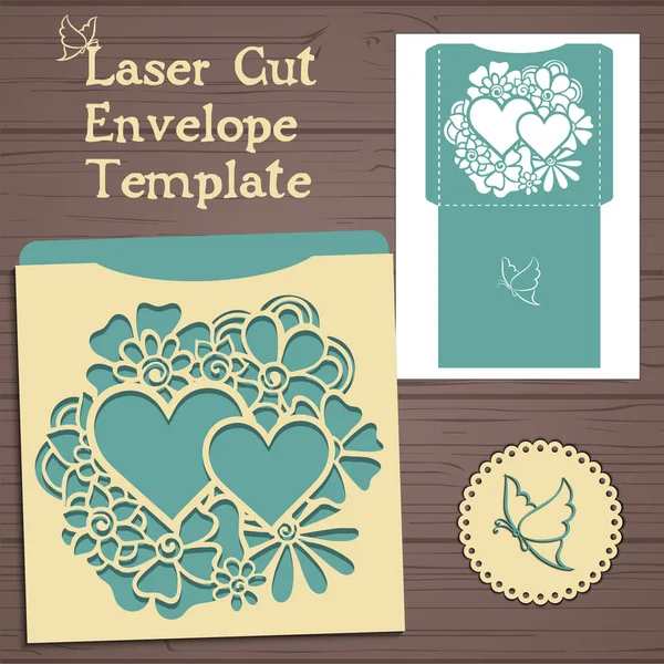 Lasercut vector wedding invitation template. Wedding invitation envelope with flowers for laser cutting. Lace gate folds.Laser cut vector — Stock Vector