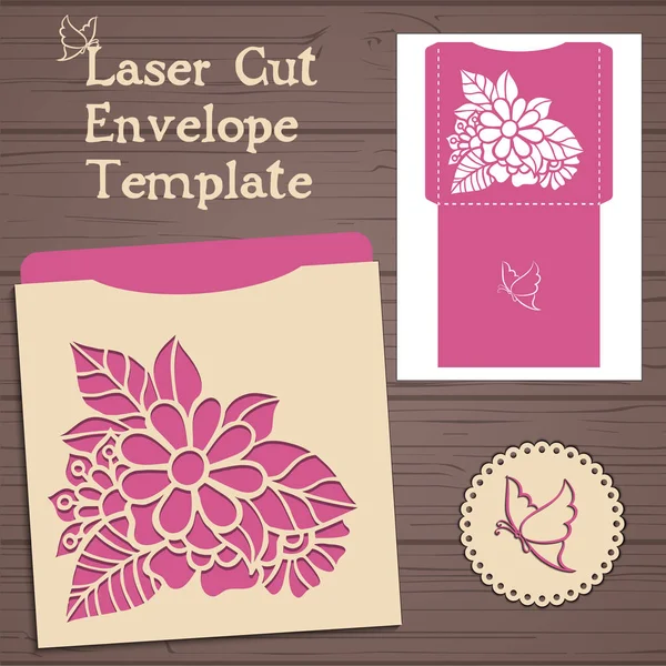 Modèle d'invitation de mariage vectoriel Lasercut. Enveloppe d'invitation de mariage avec des fleurs pour la découpe laser. Porte en dentelle pliés.Laser vecteur de coupe — Image vectorielle