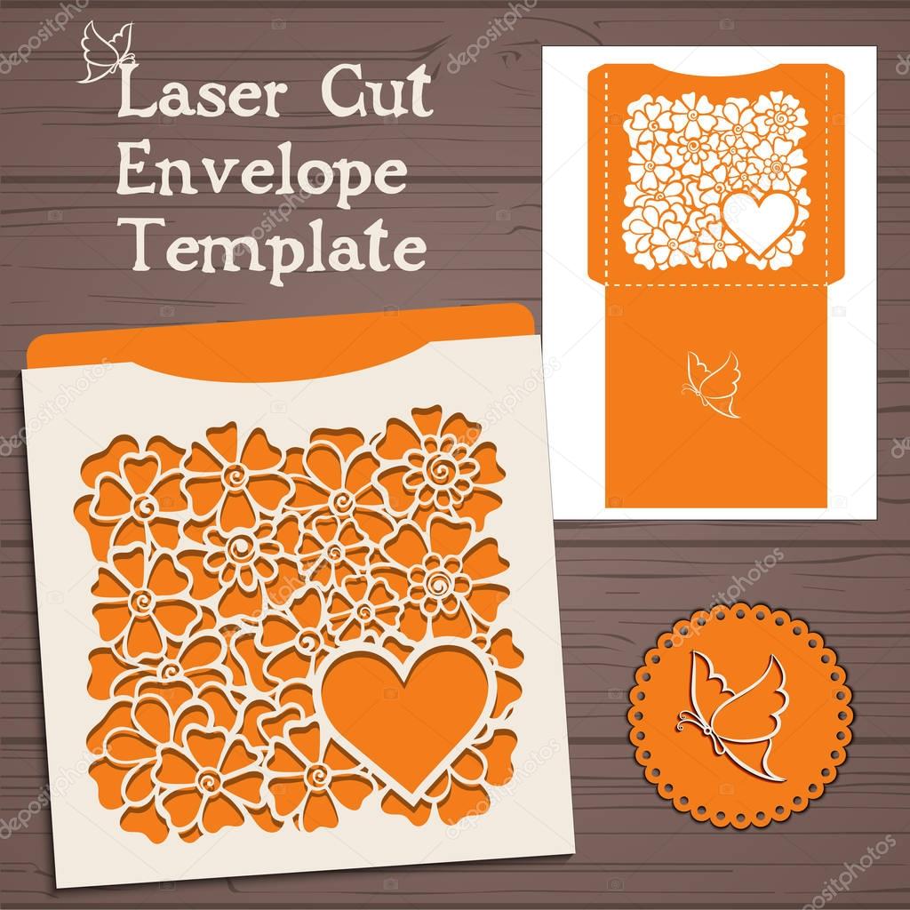 Lasercut vector wedding invitation template. Wedding invitation envelope with flowers for laser cutting. Lace gate folds.Laser cut vector