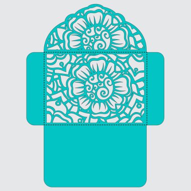 Lasercut vektör düğün davetiye şablon. Davetiye Zarfı lazer kesme çiçeklerle düğün. Dantel kapı pas geçiyor. Vektör lazer kesim