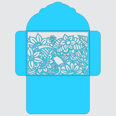 Lasercut vektör düğün davetiye şablon. Davetiye Zarfı lazer kesme çiçeklerle düğün. Dantel kapı pas geçiyor. Vektör lazer kesim