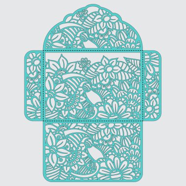 Lasercut vektör düğün davetiye şablon. Davetiye Zarfı lazer kesme çiçeklerle düğün. Dantel kapı pas geçiyor. Vektör lazer kesim