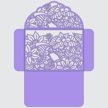 Lasercut vektör düğün davetiye şablon. Davetiye Zarfı lazer kesme çiçeklerle düğün. Dantel kapı pas geçiyor. Vektör lazer kesim