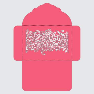 Lasercut vektör düğün davetiye şablon. Davetiye Zarfı lazer kesme çiçeklerle düğün. Dantel kapı pas geçiyor. Vektör lazer kesim