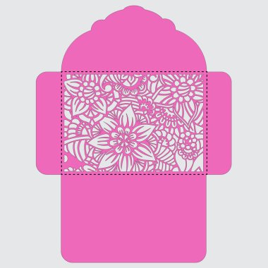 Lasercut vektör düğün davetiye şablon. Davetiye Zarfı lazer kesme çiçeklerle düğün. Dantel kapı pas geçiyor. Vektör lazer kesim