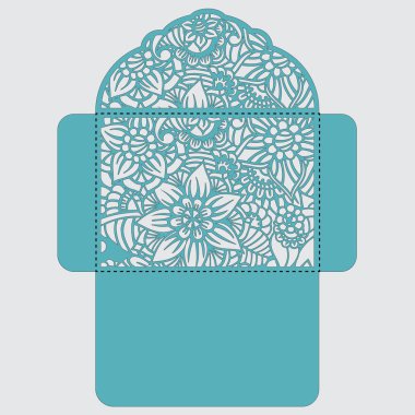 Lasercut vektör düğün davetiye şablon. Davetiye Zarfı lazer kesme çiçeklerle düğün. Dantel kapı pas geçiyor. Vektör lazer kesim